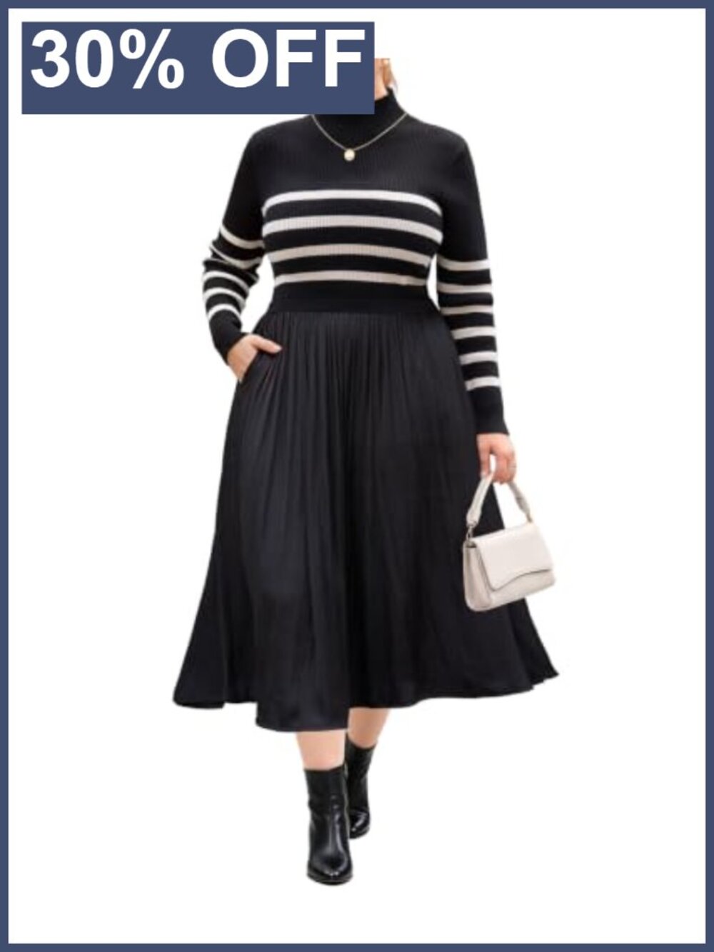Plus Size Sweater Midi Dress Mock Neck Long Sleeve Ribbed Knit Satin